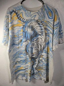 Liquid Blue Siberian Tiger T-Shirt Mens Size XL White Colorful Print Tiger Tee - Picture 1 of 10