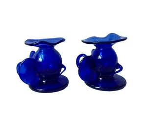 Pair Vintage Cobalt Blue Hand Blown 'ELEPHANT HEAD' Candle Holder w Finger Loop  - Picture 1 of 5