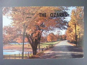 Tarjeta postal cromada Greetings From The Ozarks Missouri Road View Scene Trees años 50 - Imagen 1 de 2