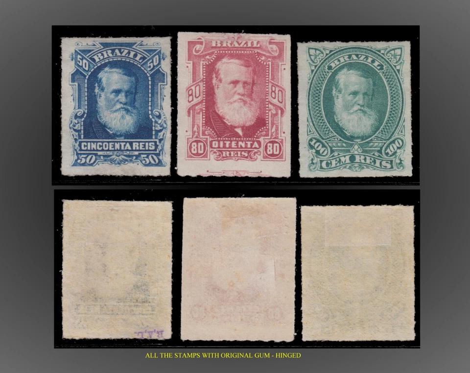 1870 1879 BRAZIL LOT 50R 80R 100R EMPEROR DOM PEDRO WITH GUM H SCT70-72 MI.40-42 - Image 1 of 1