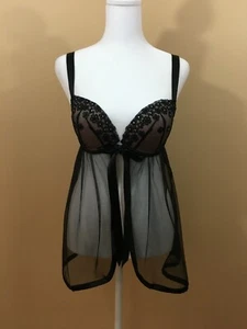 Victoria's Secret Underwire Bra Babydoll Chemise Tie Front - Sheer Black 34D - Picture 1 of 8