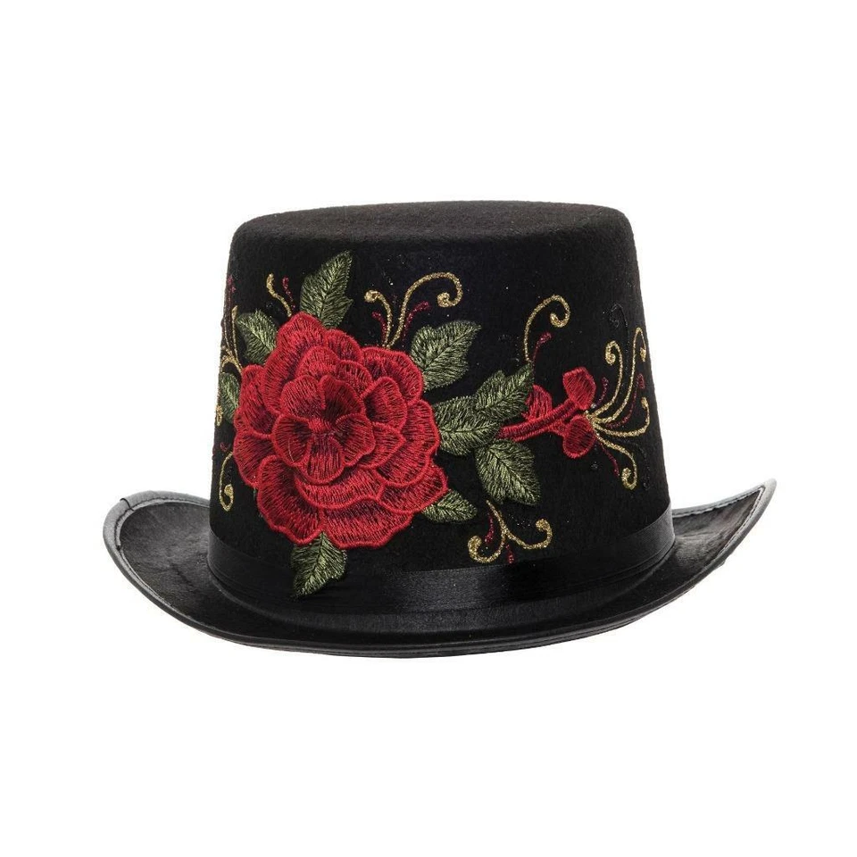 Gothic Steampunk Black Top Hat with Embroidered Red Rose Halloween Costume - Image 1 of 1