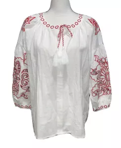 RD & Koko Sz M/L Women's Oversized Top White Linen Red Floral Cutout Sleeve NWT - Picture 1 of 12