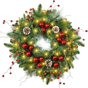 Beinhome Pre-Lit Christmas Wreath with Timer Lights, 22in Christmas Wreaths W... - Picture 1 of 6