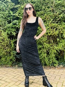 Vintage 1980s Fitted Dress, Long Velvet Wiggle Pencil Dress, Black Size 10 - Picture 1 of 7