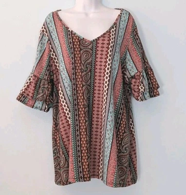 Bobbie Brooks Stretch Knit Top Womens 2X Paisley Stripe Ruffle Short Sleeve Boho - Image 1 of 4