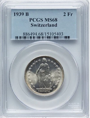 1939-B Switzerland 2 Francs - MS68 PCGS, Top Pop - Bern mint, KM21-Near Perfect! - Image 1 of 2