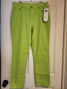 NWT Diane Gilman DG2 Womens Pants Green Straight Leg Ramie Cotton Hi Rise Sz 14 - Picture 1 of 7
