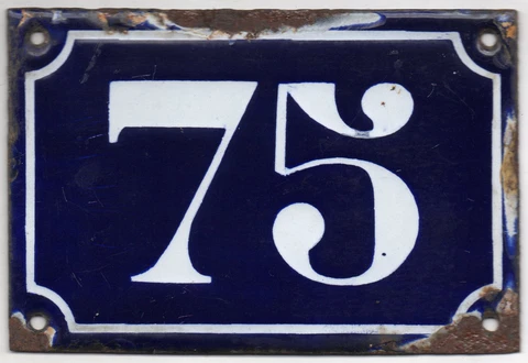 Old blue French house number 75 door gate plate plaque enamel metal sign c1900 Cover
