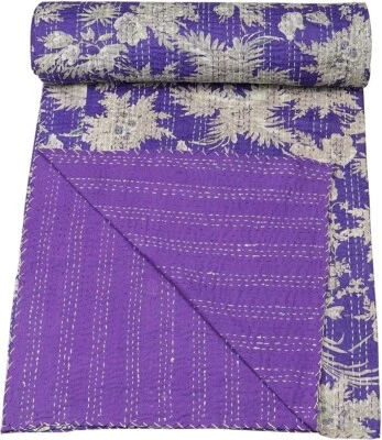 Indian Handmade Cotton Kantha Quilt Hand Block Print King Size Bedspread Blanket - Imagem 1 de 4