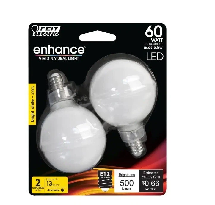 Feit Electric 60-Watt Equivalent G16.5 E12 Candelabra Dimmable Light Bulb 2 PACK - Image 1 of 1