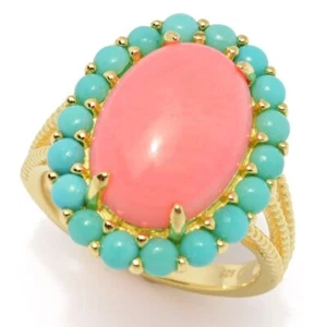 Anillo Elemental Gems Chapado en Oro 18K Salmón Coral y Campitos Turquesa - Imagen 1 de 6