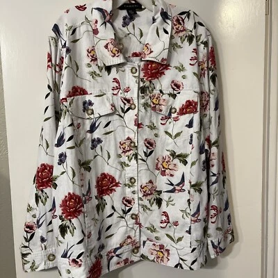 JAQUETA CAMINHONEIRO FEMININA TAHARI BRANCA FLORAL MISTURA DE LINHO MAIS 3X BOLSOS NOVOS COM ETIQUETAS - Imagem 1 de 4