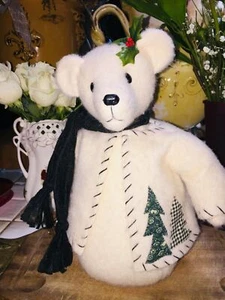 Teddy Bear, Vintage White, Well Loved 12 " with Christmas Trees and Holly Leaves - Picture 1 of 4