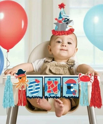 2 PC SET Highchair Decorating KIT & Hat 1st Birthday Pirate Ahoy Crab Octopus  - Image 1 of 4