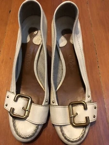 CHLOE paddington leather logo buckle heels pumps cream Sz 38 US 8 ITALY Auth. - Picture 1 of 6