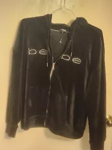 Felpa con cappuccio e zip in velluto nero Bebe con logo strass,nuova con etichetta,XL - Foto 1 di 5