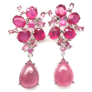 925 Sterling Silver 9 x 12 mm. Pink Ruby & Pink Tourmaline Earrings - Picture 1 of 4