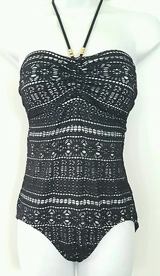 Chaps Swimsuit One Piece Halterkini Solid Black White Crochet Women Swim Surf   — 第 1/2 张图片