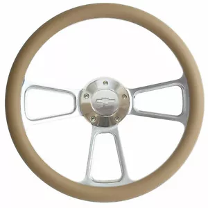 14" Tan Vinyl and Billet Steering Wheel + Chevy Horn - Picture 1 of 24