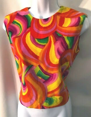 Blusa vintage Crazy Mod colorida de terciopelo años 60 sin mangas con cremallera talla M Foto 1 de 4