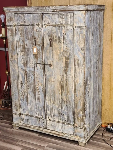 Repurposed Distressed Wood Primitive Rustic Double Door White Storage Cabinet Cover