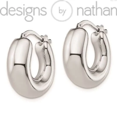 Designs by Nathan | 925 RhP Silver Polished  Hollow Hoop Earrings - Image 1 of 4