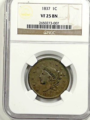 1837 Coronet Head Large Cent : NGC VF25 - Image 1 of 4