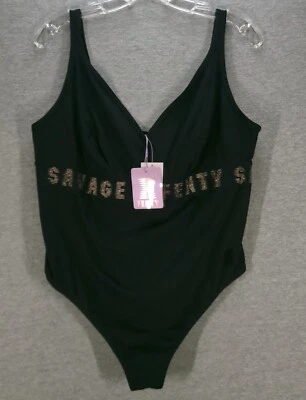 Savage Fenty Bodysuit 2X Plus Black Gold Logo V-Neck High Leg Stretch Snap Close - Image 1 of 4