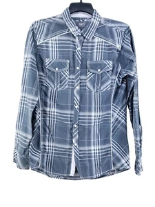 BKE Mens Medium Standard Fit Western Pearl Snap Shirt Gray Plaid Long Sleeve - Picture 1 of 8