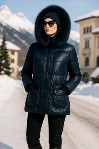 Madeleine Daunenjacke mit Echtfell Blue Fox Kapuze Navy Luxus Winterjacke 42 - Bild 1 von 17