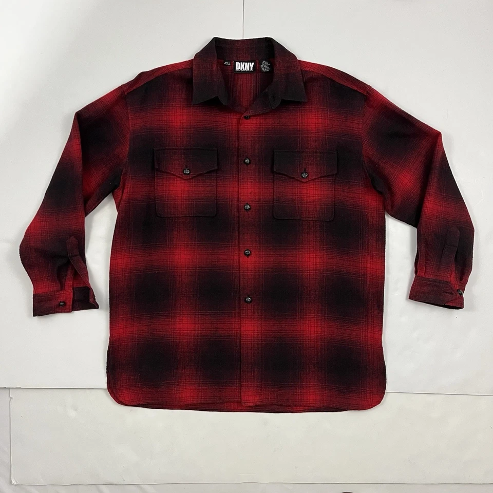 Vintage 90s DKNY Wool Blend Jacket Shirt XL Red Black Ombre Shadow Plaid - Image 1 of 4