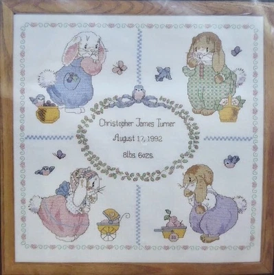 Baby Wares Bunny Cross Stitch Birth Announcement 14x14 Janlynn #136-03 USA 1992 - Image 1 of 4