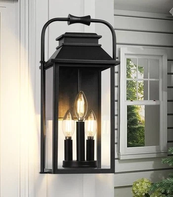 3 Light Outdoor Wall Lantern Light Fixture Flat Black 16.5 “ Sconce - Image 1 of 4
