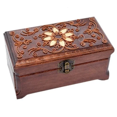 Handmade Carved Wooden Jewelry Box with Copper Inlay "Flower" – Gift Idea, Free - Image 1 of 3