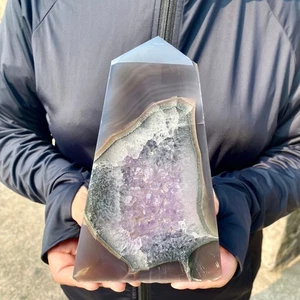 1.5LB Natural amethyst agate crystal cave slicing repair obelisk Tower decoratio - Foto 1 di 13