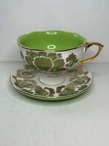 Anthropologie Teetasse und Untertasse hellgrün gold Blumen Damast - Bild 1 von 9