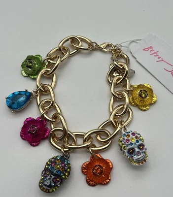 Betsey Johnson Gold Tone Flower & Sugar Skull Charm Bracelet Crystal Halloween - Image 1 of 4