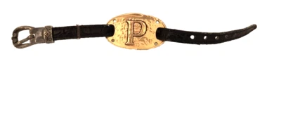 Pulsera Ganz Unisex Negra Cuero Imitación Monograma P en Medallón Tono Dorado Foto 1 de 4