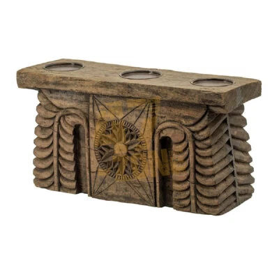 Antiguo candelabro tallado de 3 pilares marrón mesa interior decoración del hogar Foto 1 de 4