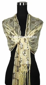 Elegante sciarpa artistica PAISLEY in pizzo fatta a mano con paillettes e frange all'uncinetto, avorio - Foto 1 di 6