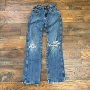 Wrangler Boys Size 12 Blue Jeans Distressed Straight Leg Denim Cowboy Western - Picture 1 of 8