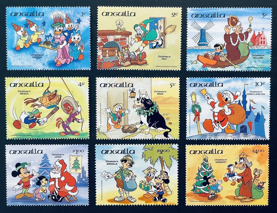 JUEGO DE SELLOS DE ANGUILA NAVIDAD ALREDEDOR DEL MUNDO DISNEY 1984 MNH DONALD DUCK GOOFY Foto 1 de 1