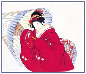 Asian Geisha Maiden Red Umbrella Japanese Counted Cross Stitch Chart Pattern - Picture 1 of 4