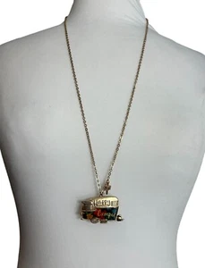 Happy Camper Gold Tone RV Travel Trailer Pendant Necklace Floral 26-29" Long - Picture 1 of 6