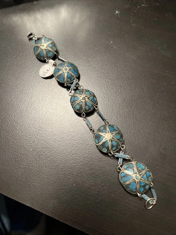 Винтажный старый тяжелый браслет ручной работы из тибетской непальской бирюзовой проволоки с инкрустацией бусинами - Изображение 1 из 1