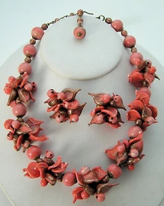 Murano venezianische Rotgold geformte mundgeblasene Glas Vögel & Blumen Halskette & Ohrringe - Bild 1 von 11