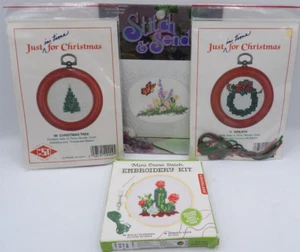 Set of 4 Mini Cross Stitch Kits- Cactus, Christmas Tree, Wreath & Butterfly - Picture 1 of 9