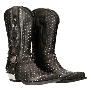 NEW ROCK M-7928-S1 WESTERN COWBOY BOOTS Black Leather Heavy Biker SILVER STUDS - Picture 1 of 9