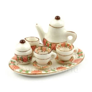 Puppenhaus Miniatur 6 Teile Rot Und Grün Blumenmuster Kaffee Set - Bild 1 von 1